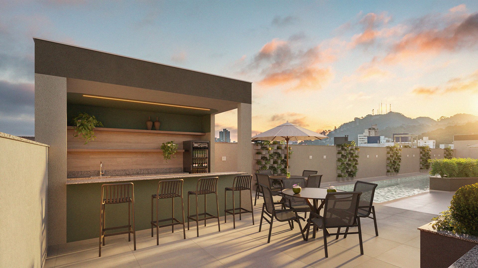 Bar seco, quiosque e piscina
